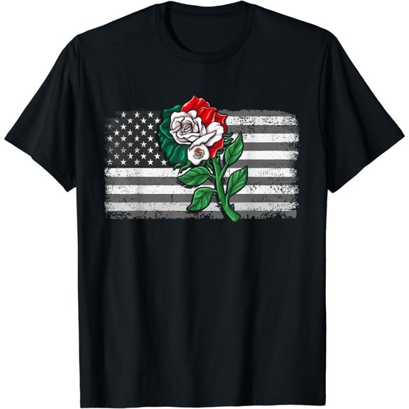 Mexico Tshirt US Flag Mexican Flag American Flag Rose T-Shirt