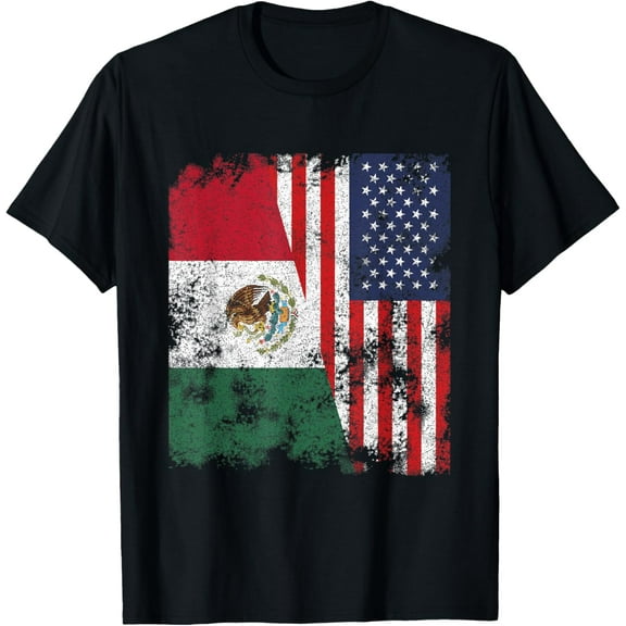 Mexico USA Flag Distressed - Half American T-Shirt100%Cotton