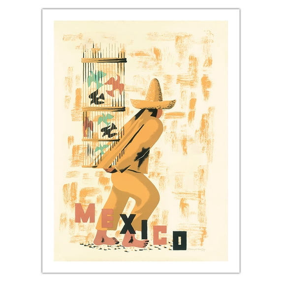 Mexico - Vendor with Bird Cage - Vintage Airline Travel Poster by Edward McKnight Kauffer c.1950s - Bamboo Fine Art 290gsm Paper Print (Unframed) 24x32in