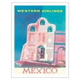thumbnail image 1 of Mexico - Western Airlines - Spanish Mission Three-Bell Campanario (Bell Wall) - Vintage Airline Travel Poster by Will Grant c.1959 - Fine Art Matte Paper Print (Unframed) 20x26in, 1 of 4