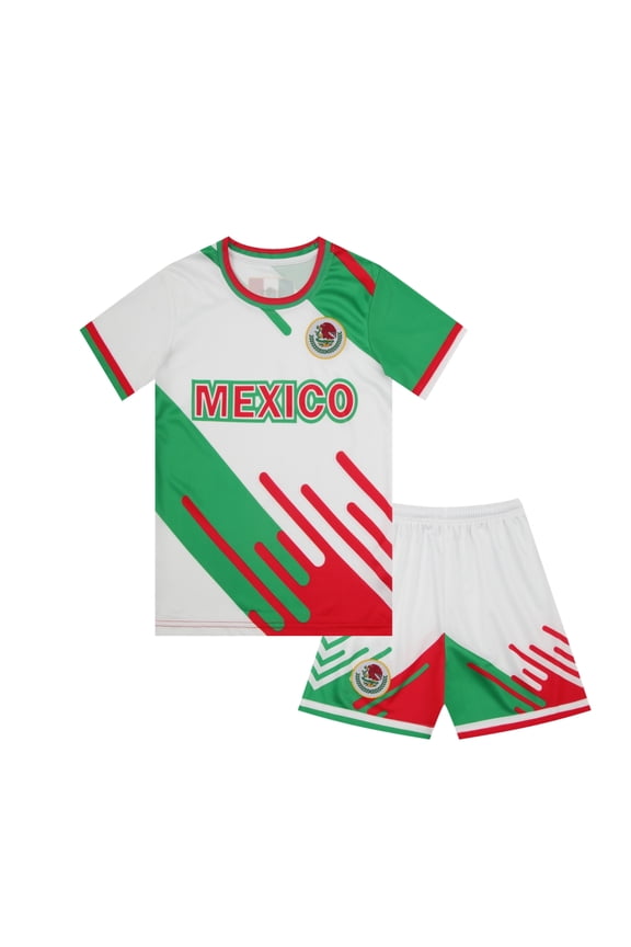 Mexico Youth Boys Soccer Jerseys Outdoor Sports Kid Activewear Training Short Sleeve Kit Shirt Shorts Set White M