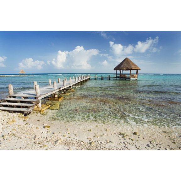 Mexico Yucatan Peninsula Tulum Pier Over Turquoise Ocean Canvas Art - M Swiet Productions  Design Pics (19 x 12)