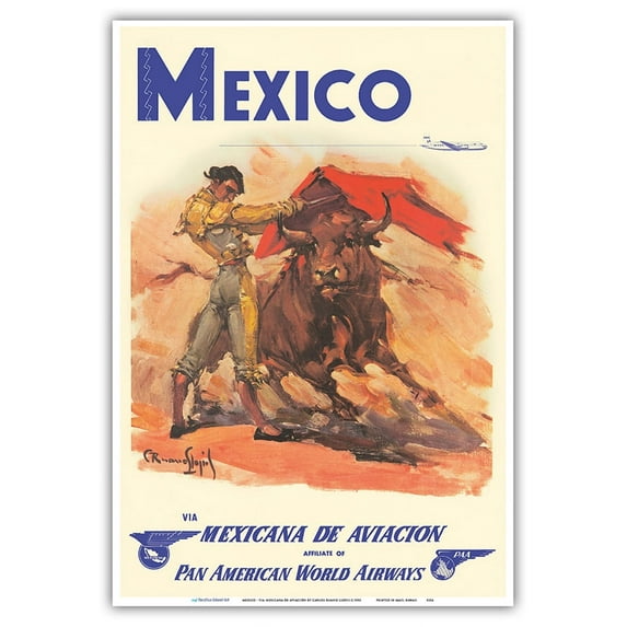 Mexico - via Mexicana de Aviación - Pan American World Airways - Bull Fighter - Vintage Airline Travel Poster by Carlos Ruano Llopis c.1950 - Master Art Print (Unframed) 13in x 19in