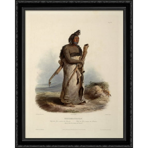 Mexkemahuastan, Chief of the Gros-Ventres of the Prairies, plate 20 from Volume 1 of 'Travels in the Interior of North America' 28x36 Large Black Ornate Wood Framed Canvas Art by Karl Bodmer