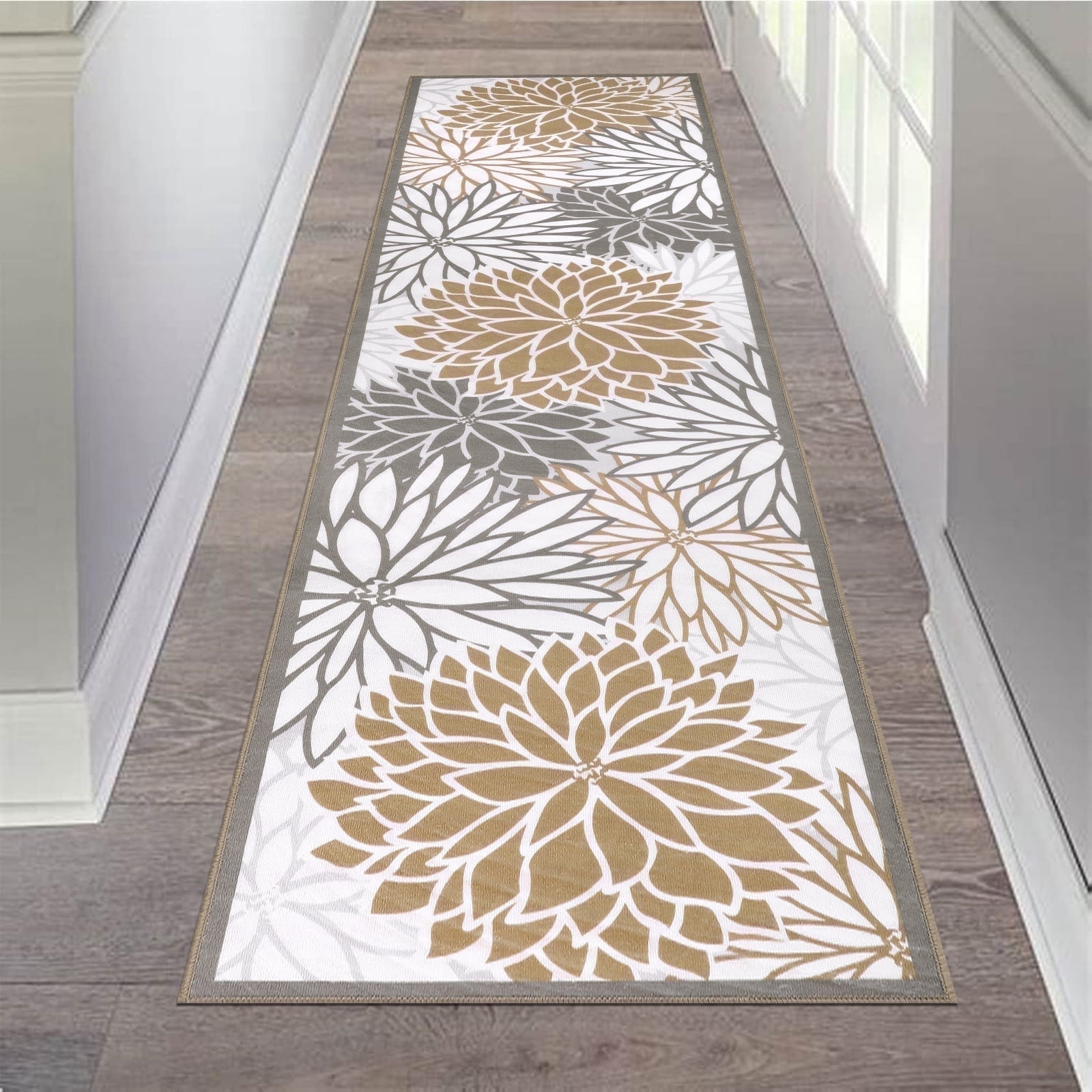 MeyJey 2'x10' Floral Runner Rug for Hallways, Oriental Non Slip Machine Washable Area Rugs Vintage Floor Carpet for Bedroom Kitchen Dinning/Living/Laundry Room, Brown/Gray