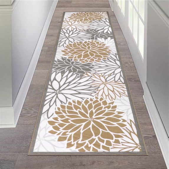 MeyJey 2'x10' Floral Runner Rug for Hallways, Oriental Non Slip Machine Washable Area Rugs Vintage Floor Carpet for Bedroom Kitchen Dinning/Living/Laundry Room, Brown/Gray