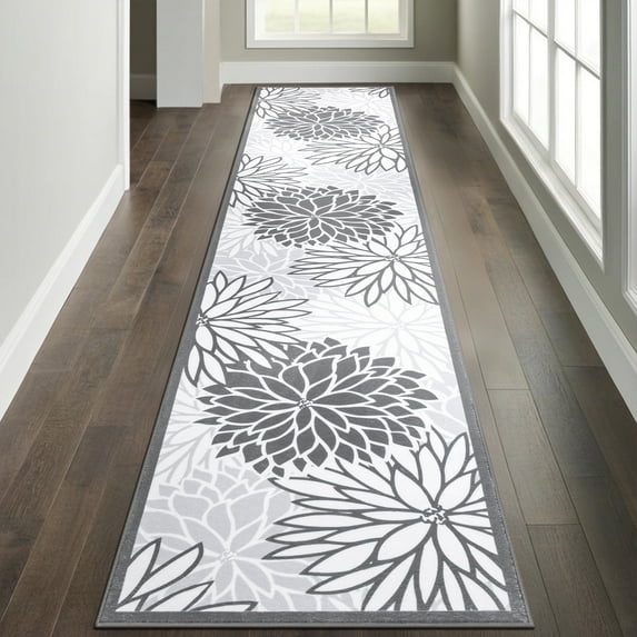 MeyJey 2'x10' Floral Runner Rug for Hallways, Oriental Non Slip Machine Washable Area Rugs Vintage Floor Carpet for Bedroom Kitchen Dinning/Living/Laundry Room, Gray/White