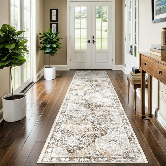 MeyJey 2'x10' Oriental Vintage Runner Rug for Hallways, Non-Slip Machine Washable Area Rug for Bedroom/Living/Dining/Laundry Room Carpet, Beige/Brown/Gray