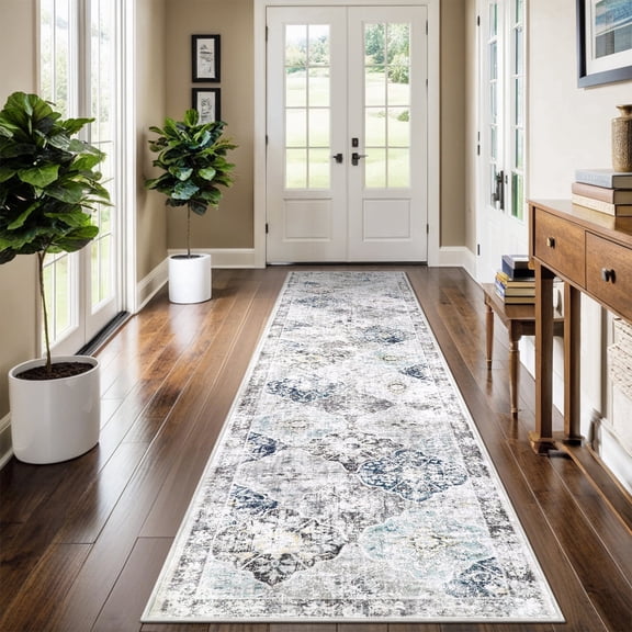MeyJey 2'x10' Oriental Vintage Runner Rug for Hallways, Non-Slip Machine Washable Area Rug for Bedroom/Living/Dining/Laundry Room Carpet, Blue/Gray