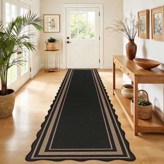 MeyJey 2'x10' Runner Rug for Hallway, Washable Kitchen Rugs Non Slip Faux Jute Scalloped Indoor Carpet for Entryway Laundry Room Floor Mats