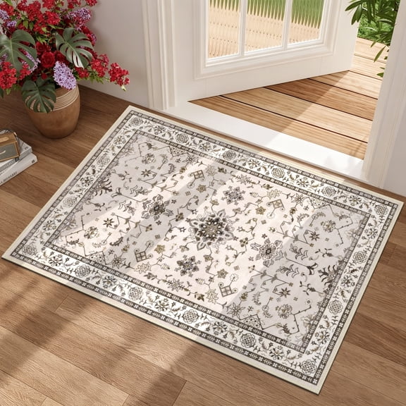 MeyJey 2'x3' Area Rug for Living Room, Non-Slip Washable Vintage Floor Carpet for Door Entryway Kitchen Hallway, Beige