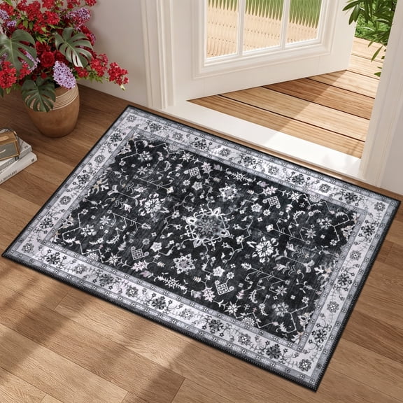 MeyJey 2'x3' Area Rug for Living Room, Non-Slip Washable Vintage Floor Carpet for Door Entryway Kitchen Hallway, Black