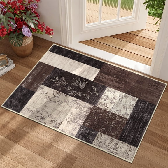 MeyJey 2'x3' Small Area Rugs for Indoor Entryway, Non Slip Washable Modern Geometric Patchwork Throw Carpet for Bedroom Kitchen Office, Red/Brown