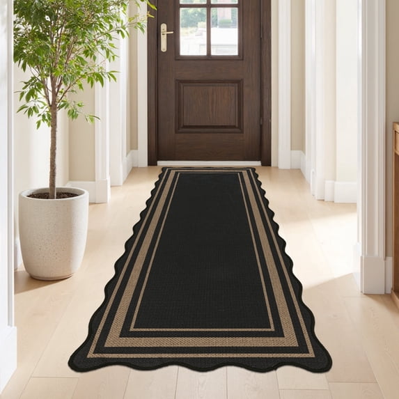 MeyJey 2'x5' Runner Rug for Hallway, Washable Kitchen Rugs Non Slip Solid Tan Jute Scalloped Indoor Carpet for Entryway Laundry Room Floor Mats