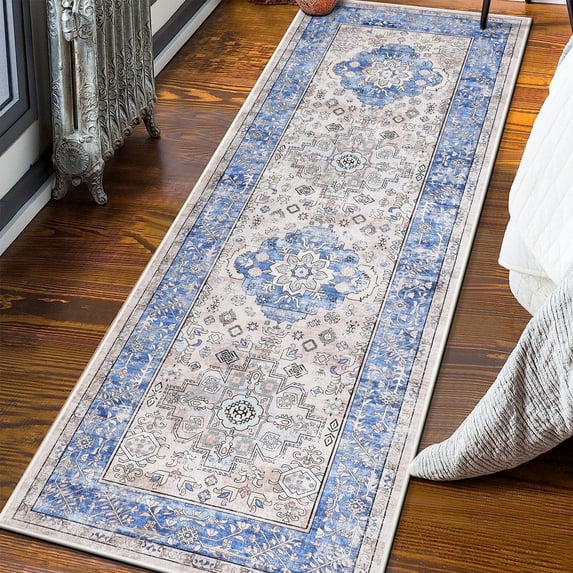 MeyJey 2'x6' Oriental Runner Rug for Hallways, Traditional Non Slip Machine Washable Area Rugs Distressed Vintage Floor Carpet for Bedroom Kitchen Dinning/Living/Laundry Room, Blue/Tan