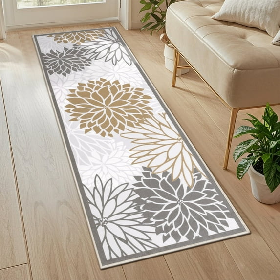 MeyJey 2'x6' Floral Runner Rug for Hallways, Oriental Non Slip Machine Washable Area Rugs Vintage Floor Carpet for Bedroom Kitchen Dinning/Living/Laundry Room, Brown/Gray