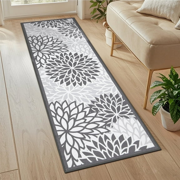 MeyJey 2'x6' Floral Runner Rug for Hallways, Oriental Non Slip Machine Washable Area Rugs Vintage Floor Carpet for Bedroom Kitchen Dinning/Living/Laundry Room, Gray/White
