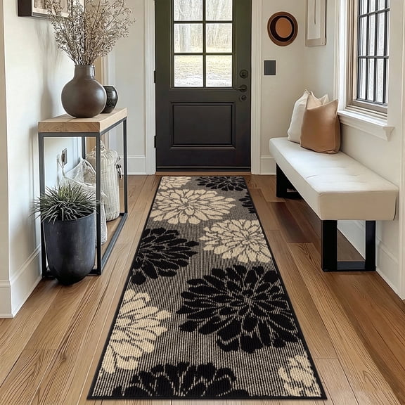 MeyJey Kitchen Rug 24"x71", Non Slip Washable Absorbent Runner Rug Floor Mat for Kitchen Front of Sink Laundry Hallway, Black/Beige
