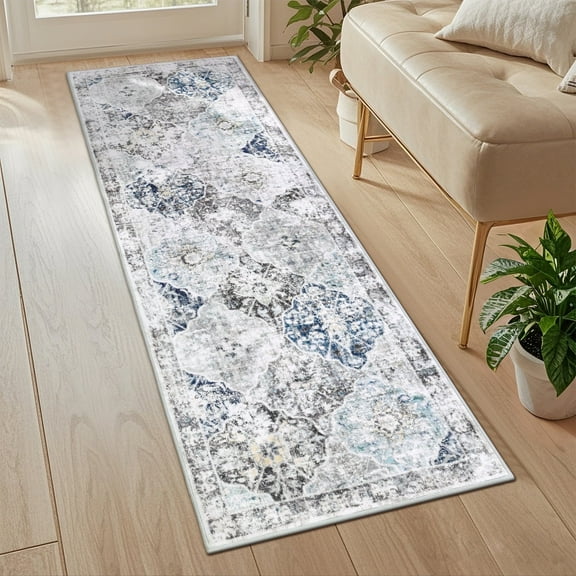 MeyJey 2'x6' Oriental Vintage Runner Rug for Hallways, Non-Slip Machine Washable Area Rug for Bedroom/Living/Dining/Laundry Room Carpet, Blue/Gray