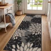 MeyJey 2'x6' Runner Rug for Hallway, Floral Non Slip Washable Rug for Entryway, Kitchen, Laundry Room, Black Beige