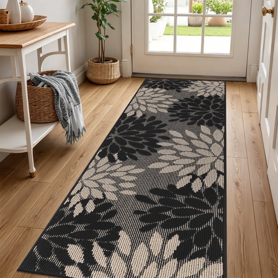 MeyJey 2'x6' Runner Rug for Hallway, Floral Non Slip Washable Rug for Entryway, Kitchen, Laundry Room, Black Beige