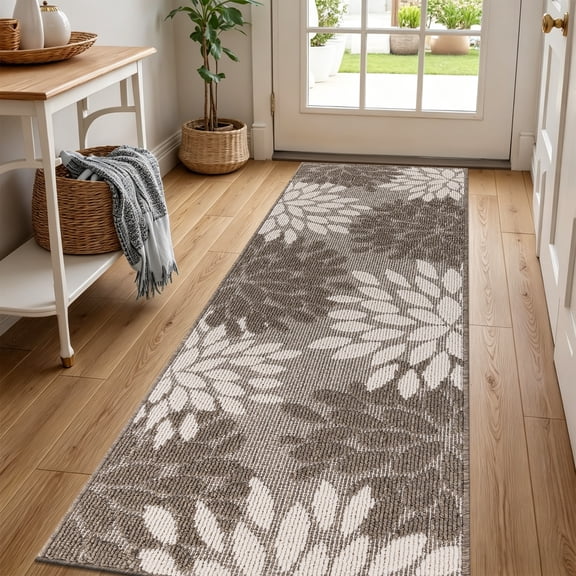 MeyJey 2'x6' Runner Rug for Hallway, Floral Non Slip Washable Rug for Entryway, Kitchen, Laundry Room, Brown