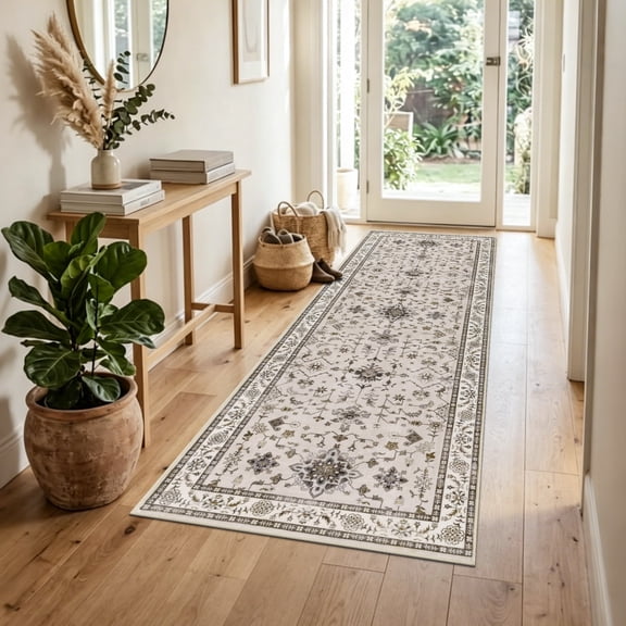 MeyJey 2’x6’ Washable Runner Rug for Hallway, Non-slip Kitchen Runner Rug, Vintage Runner Rugs Soft Distressed Carpet for Hallway Bedroom Laundry Entryway, Beige
