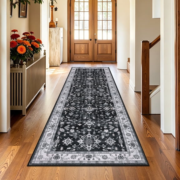 MeyJey 2’x6’ Washable Runner Rug for Hallway, Non-slip Kitchen Runner Rug, Vintage Runner Rugs Soft Distressed Carpet for Hallway Bedroom Laundry Entryway, Black