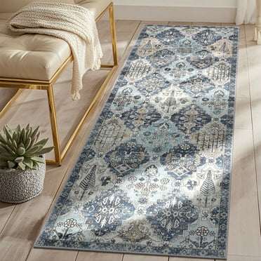 MeyJey 2'x6' Vintage Hallway Runner Rug, Oriental Non Slip Runner Rug Machine Washable Area Rug for Living Room Bedroom Carpet, Blue/Navy/Beige