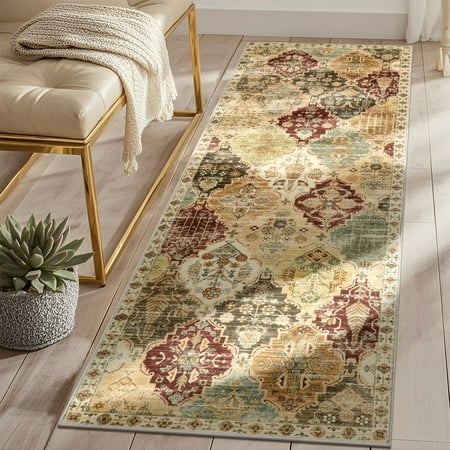 MeyJey 2'x6' Vintage Hallway Runner Rug, Oriental Non Slip Runner Rug Machine Washable Area Rug for Living Room Bedroom Carpet, Taupe/Red/Green