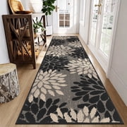 MeyJey 2'x8' Runner Rug for Hallway, Floral Non Slip Washable Rug for Entryway, Kitchen, Laundry Room, Black Beige