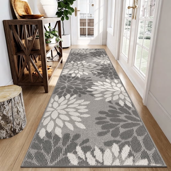 MeyJey 2'x8' Runner Rug for Hallway, Floral Non Slip Washable Rug for Entryway, Kitchen, Laundry Room, Gray White