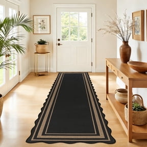 MeyJey 2'x8' Runner Rug for Hallway, Washable Kitchen Rugs Non Slip Solid Tan Jute Scalloped Indoor Carpet for Entryway Laundry Room Floor Mats