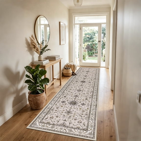 MeyJey 2’x8’ Washable Runner Rug for Hallway, Non-slip Kitchen Runner Rug, Vintage Runner Rugs Soft Distressed Carpet for Hallway Bedroom Laundry Entryway, Beige