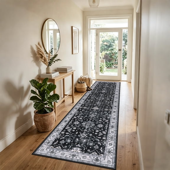 MeyJey 2’x8’ Washable Runner Rug for Hallway, Non-slip Kitchen Runner Rug, Vintage Runner Rugs Soft Distressed Carpet for Hallway Bedroom Laundry Entryway, Black