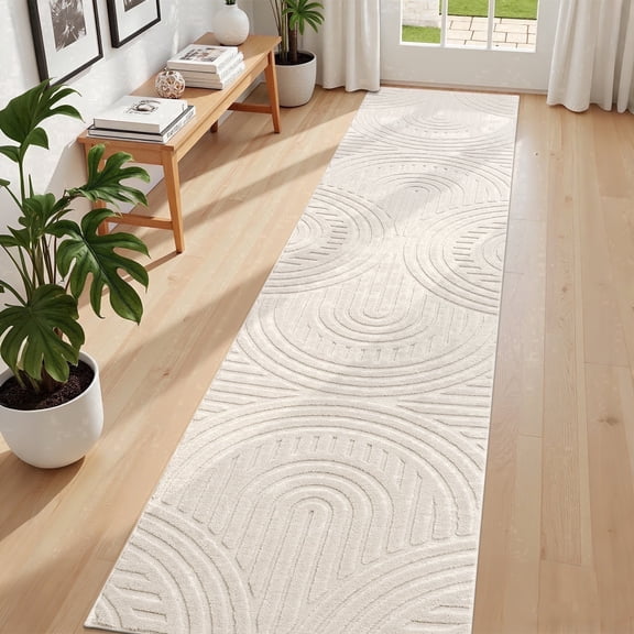 MeyJey 2'x10' Runner Rug for Hallways, Non Slip Modern Jacquard Textured Rugs Soft Geometric Rug for Entryway Bathroom Laundry Dorm, Beige