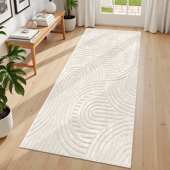 MeyJey 2'x6' Runner Rug for Hallway, Non Slip Modern Jacquard Textured Geometric Soft Rug for Entryway, Laundry, Kitchen, Beige