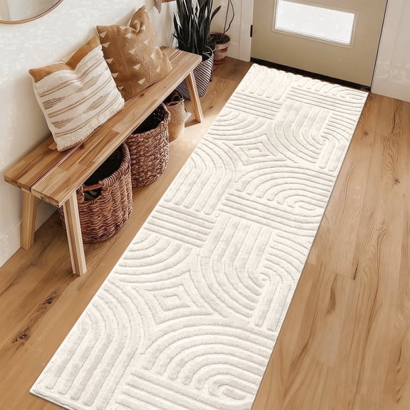MeyJey 2'x8' Runner Rug for Hallways, Non Slip Modern Jacquard Textured Rugs Soft Geometric Rug for Entryway Bathroom Laundry Dorm, Beige