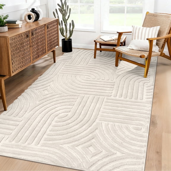 MeyJey 3’x5’ Area Rugs for Living Room, Machine Washable Jacquard Textured Modern Non Slip Rugs, Soft Geometric Rug for Bedroom Dining Room Office, Beige