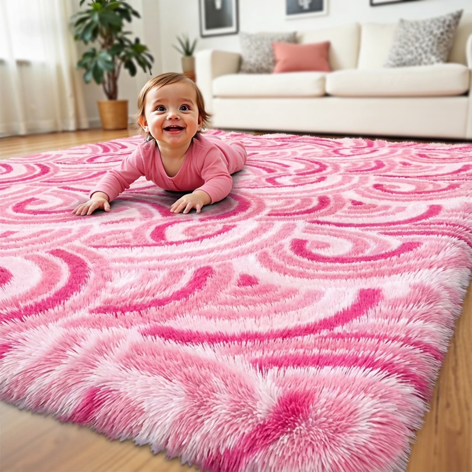 MeyJey 3'x 5' Shag Area Rug, Soft Fluffy Area Rugs for Kids Room Living Room Bedroom Decor Carpet, Pink