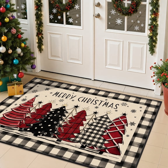 MeyJey 32"x48" Christmas Door Mat, Christmas tree pattern Doormat, Non Slip Front Door Mats for Entryway Indoor Outdoor, Washable Low Profile Floor Carpet for Xmas Holiday Decor