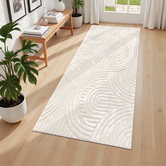 MeyJey 3'x6' Runner Rug for Hallways, Non Slip Modern Jacquard Textured Rugs Soft Geometric Rug for Entryway Bathroom Laundry Dorm, Beige