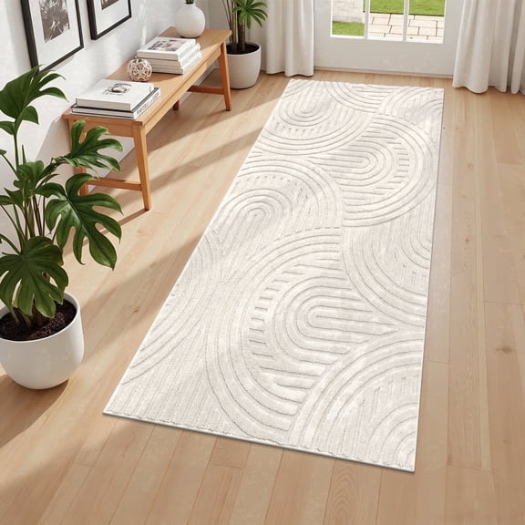 MeyJey 3'x6' Runner Rug for Hallways, Non Slip Modern Jacquard Textured Rugs Soft Geometric Rug for Entryway Bathroom Laundry Dorm, Beige