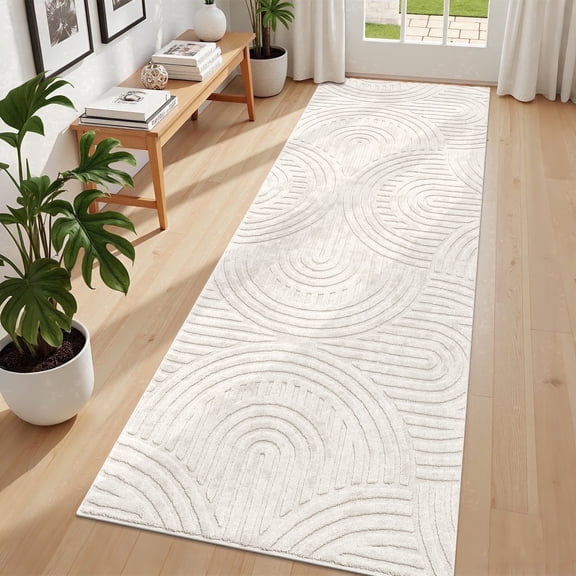 MeyJey 3'x8' Runner Rug for Hallways, Non Slip Modern Jacquard Textured Rugs Soft Geometric Rug for Entryway Bathroom Laundry Dorm, Beige