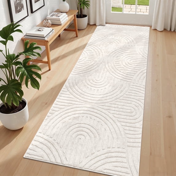 MeyJey 3'x8' Runner Rug for Hallways, Non Slip Modern Jacquard Textured Rugs Soft Geometric Rug for Entryway Bathroom Laundry Dorm, Beige