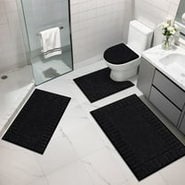 MeyJey Bathroom Rugs Set of 4 Piece, Bath Mats, Microfiber Non Slip Shaggy Ultra Soft Bathroom Runner with U Shaped Contour Toilet Mat for Bathroom, Shower Inside Floor, Black