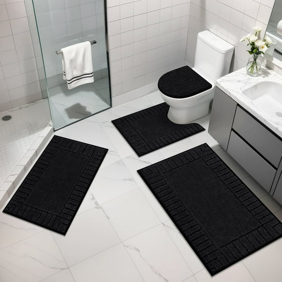 MeyJey Bathroom Rugs Set of 4 Piece, Bath Mats, Microfiber Non Slip Shaggy Ultra Soft Bathroom Runner with U Shaped Contour Toilet Mat for Bathroom, Shower Inside Floor, Black