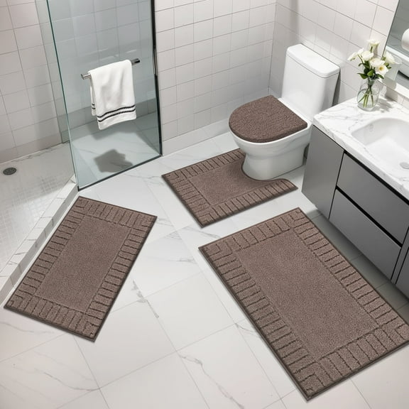 MeyJey Bathroom Rugs Set of 4 Piece, Bath Mats, Microfiber Non Slip Shaggy Ultra Soft Bathroom Runner with U Shaped Contour Toilet Mat for Bathroom, Shower Inside Floor, Brown