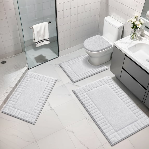 MeyJey Bathroom Rugs Set of 4 Piece, Bath Mats, Microfiber Non Slip Shaggy Ultra Soft Bathroom Runner with U Shaped Contour Toilet Mat for Bathroom, Shower Inside Floor, White
