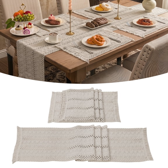 MeyJey Table Runner and Placemats Set of 4, Washable Fabric Rectangle Dining Table Mats with Tassels for Dining Tables, Kitchen, Beige